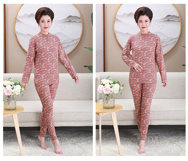 中老年大码印花徳绒保暖套装女士半高领宽松秋冬加绒妈妈装批发详情10