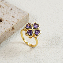 复古18K紫水晶和钻石四叶草幸运戒指心形切割紫水晶个性花形戒指