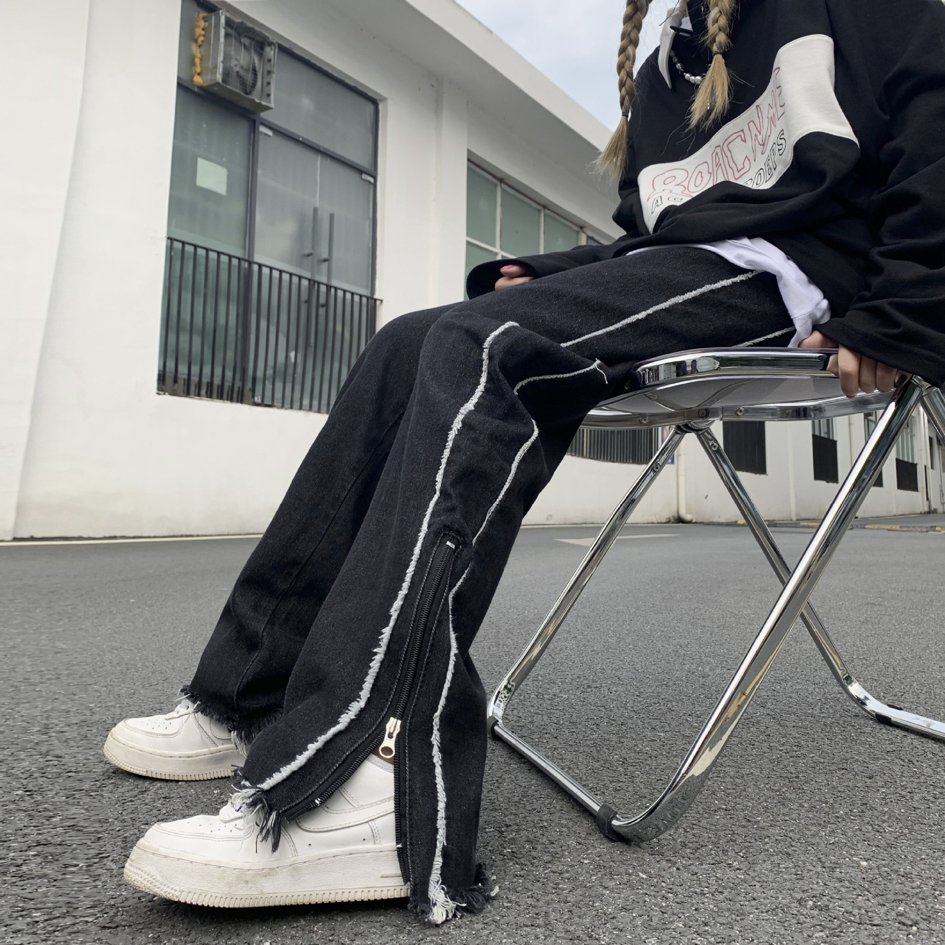 European and American High Street Jeans Autumn New Retro Hip Hop Split Zipper Draping Effect Mop Trousers