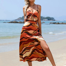 2023夏季跨境外贸女装新款印花镂空修身性感开叉吊带迷彩沙滩连衣