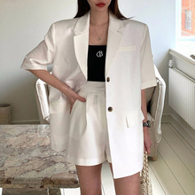 韩国东大门法式气质复古单排扣短袖西装外套+西装短裤时尚套装女