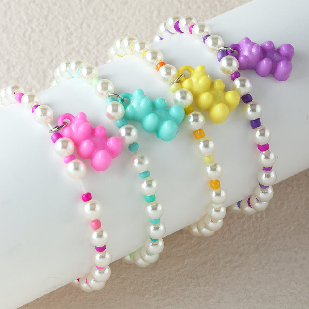 European and American Fashion Colorful Jelly Bear Bracelet Soft Girl Fresh Colorful Pearl Bead Stitching Bracelet