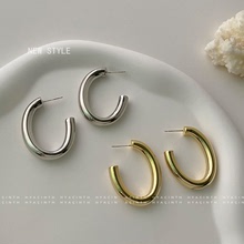 韩国新款椭圆光面金属耳环欧美冷风大气圆形镂空气质银针耳钉耳饰