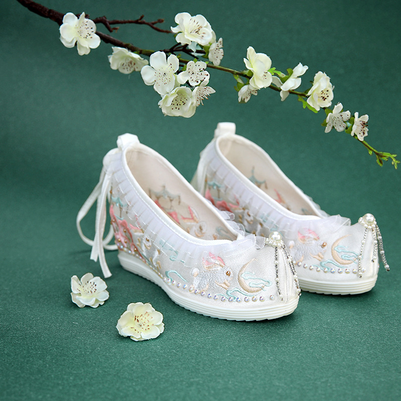 弓鞋汉服鞋古装新款小兔子明制高跟翘头国风珍珠流苏民布鞋鞋子女