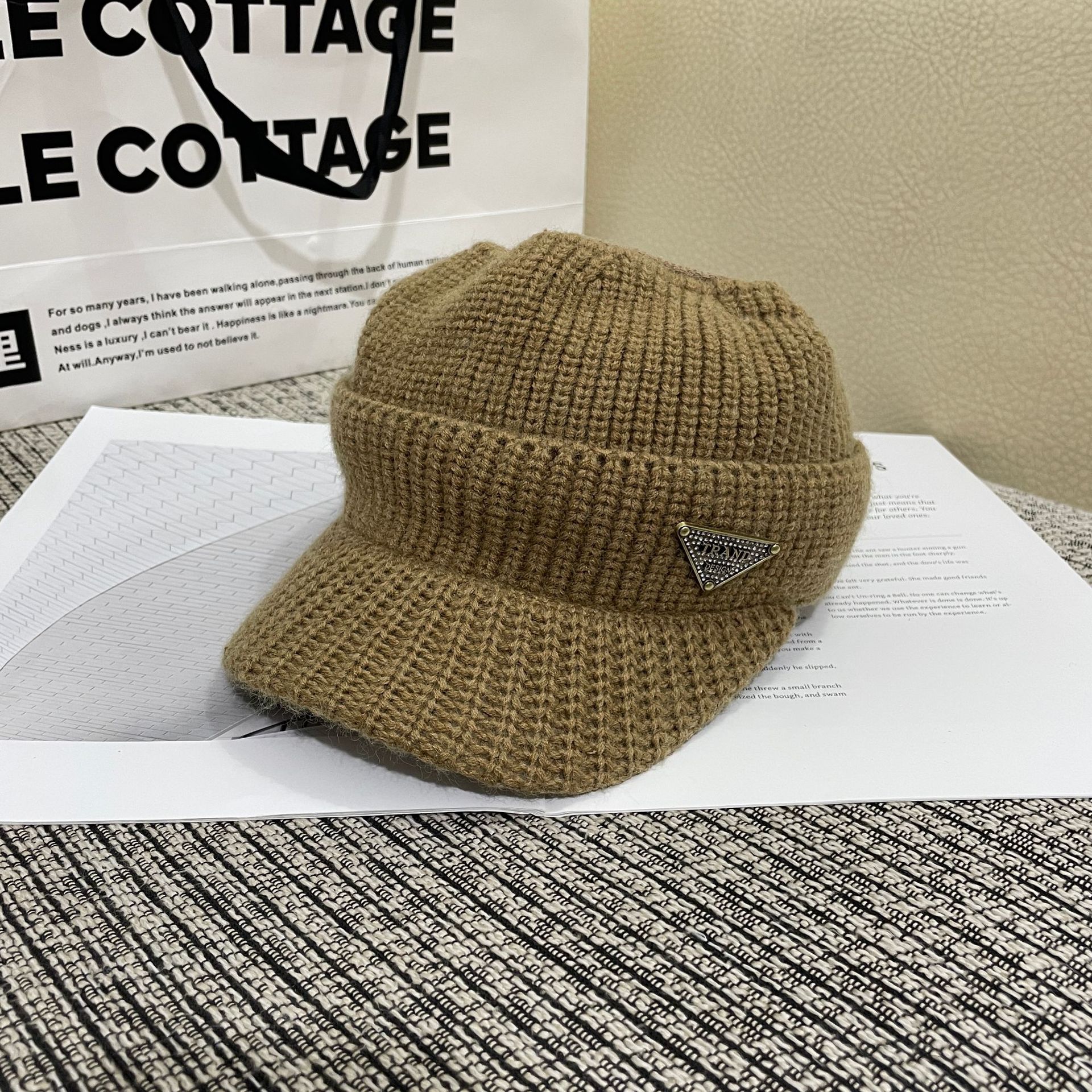 韩版空顶帽女m标黑色鸭舌帽冬款加绒针织毛线保暖棒球帽潮学生帽