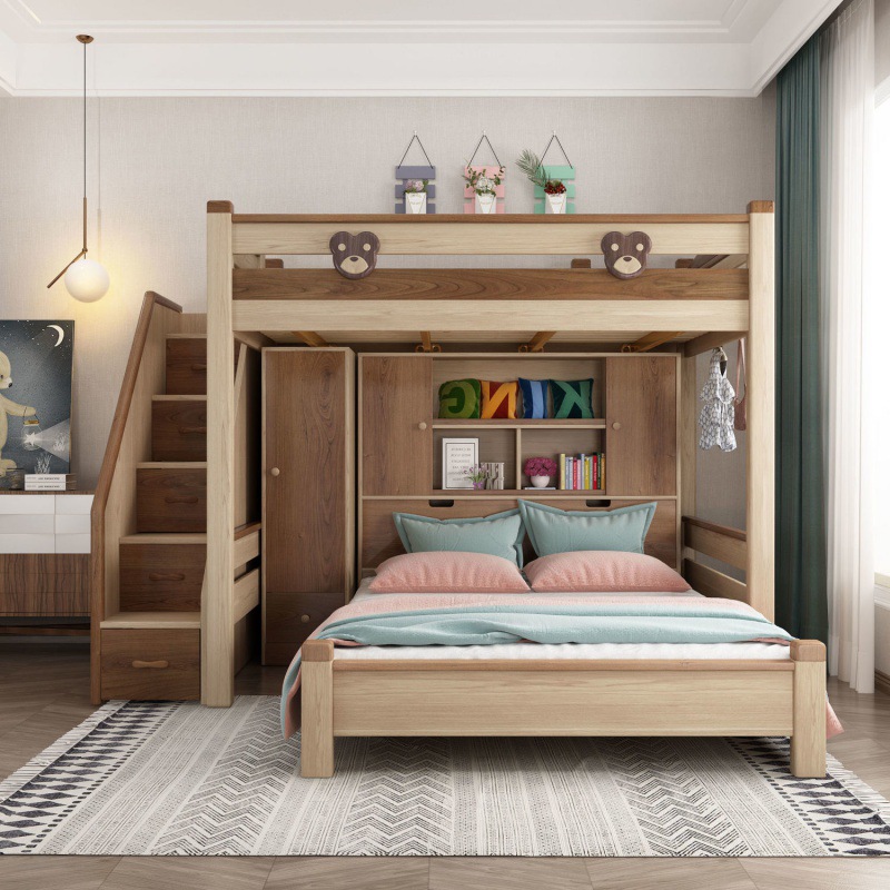 上下床错位儿童床子母床高低床上下铺木床双层床组合床一件代发