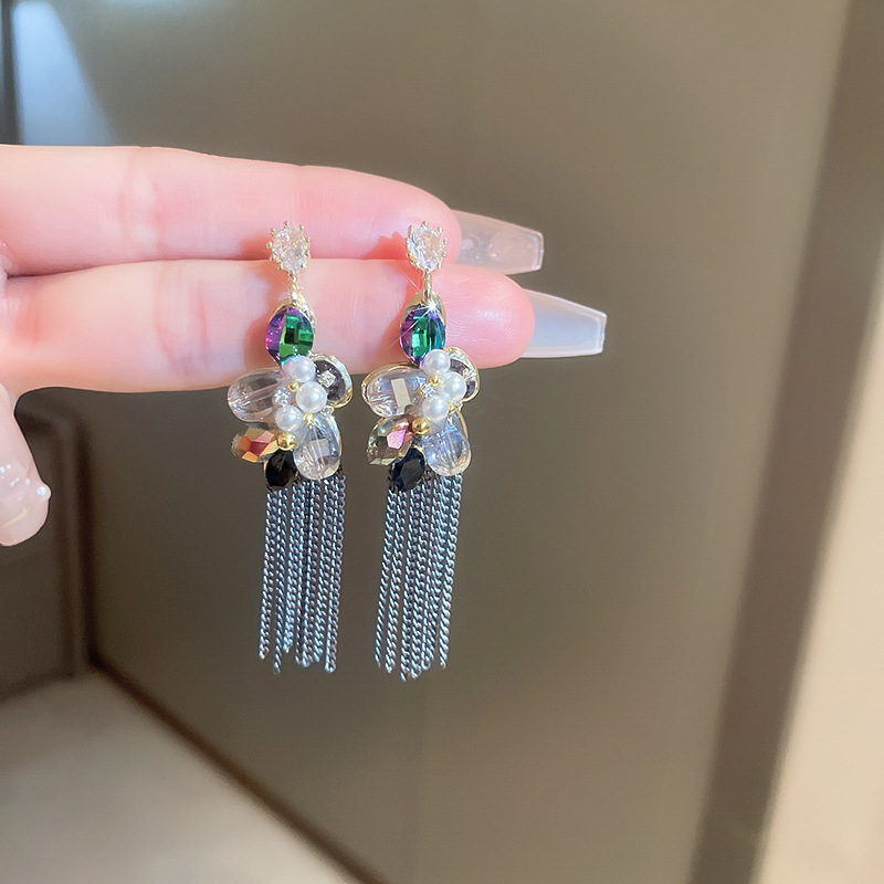 Silver Needle Zircon Crystal Pearl Earrings Retro Chinese Style Chain Tassel Earrings for Women Personalized Temperament Earrings Wholesale