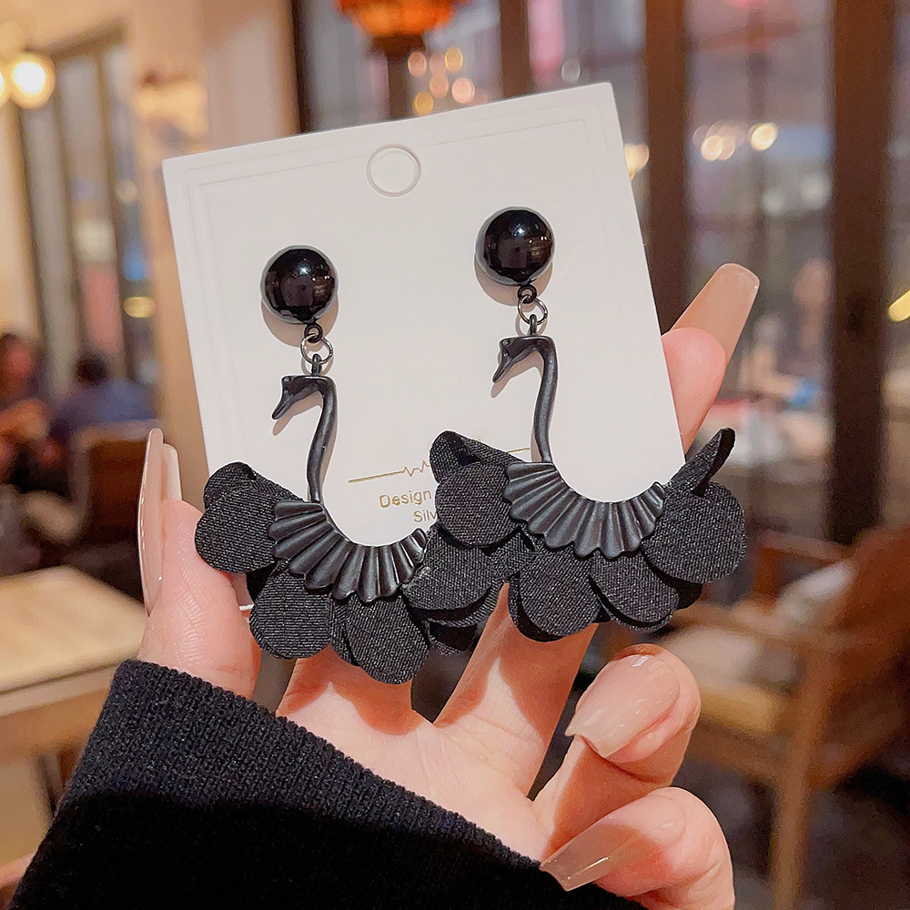 925 silver needle black swan light luxury elegant exaggerated earrings retro super fairy high-grade earrings niche design accessories