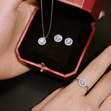 跨境法式S925纯银女戒指耳钉项链圆形主石锆石镶嵌璀璨农村套装批