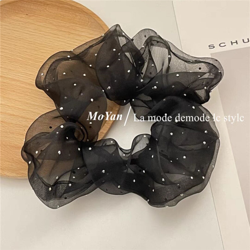 Super Fairy Rhinestone Mesh Hair Ring Temperament Tie Ponytail Leather Band Women's Simple All-Match Bun Hair Ornament Polka Dot Large Intestine Ring