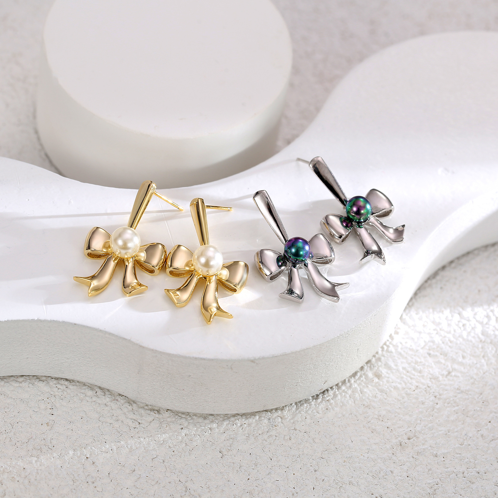 小香风法式耳饰s925银针亚马逊爆款饰品女俏皮灵动蝴蝶结珍珠耳环