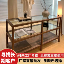 服装店胡桃色实木中岛柜女装店陈列中间摆台饰品展示架玻璃中岛台