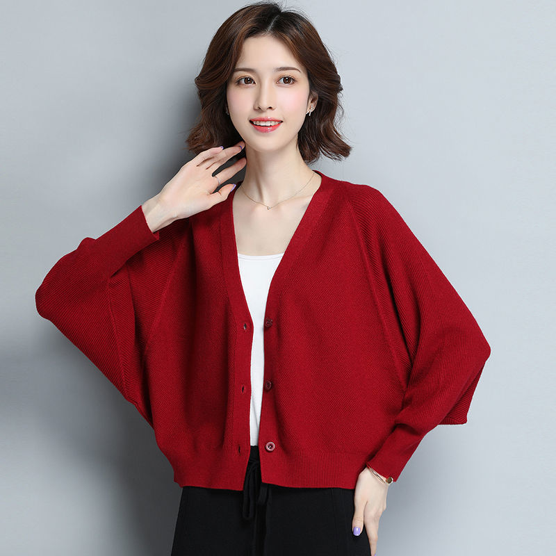 短款长袖披肩外搭宽松大码毛衣v领蝙蝠衫外套春秋韩版针织开衫女