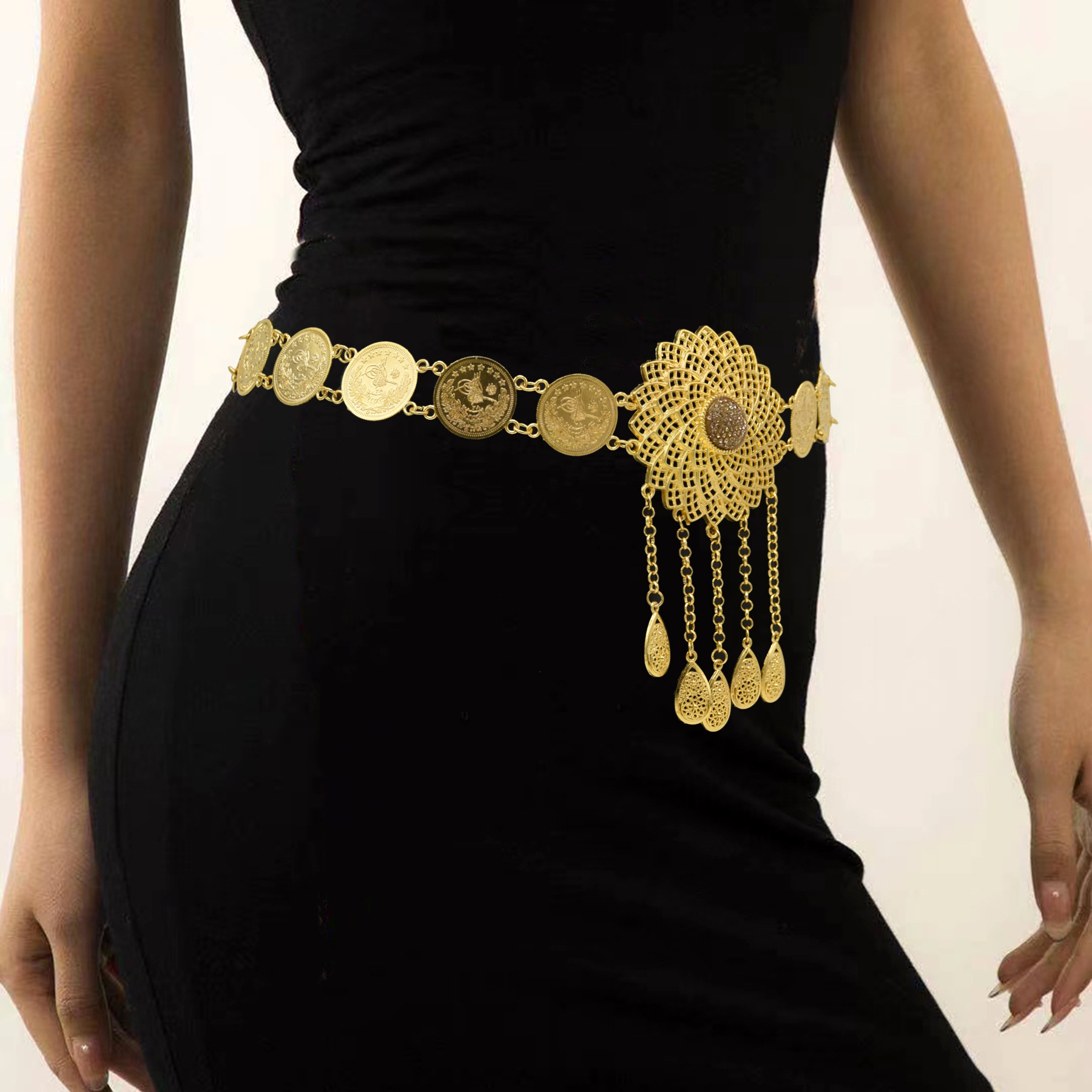 镀金镶钻合金镂空花朵钱币流苏腰链重工金属束腰百搭民族风腰饰