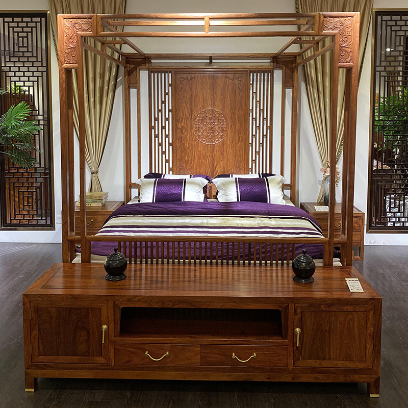 新中式架子床乌丝檀木实木床仿古明清拔步床中国风雕花四柱床婚床