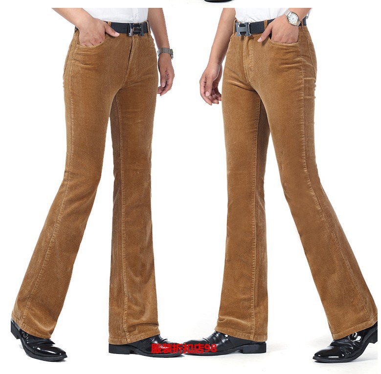 秋冬男士中腰弹力灯芯绒喇叭裤条绒长裤子男款商务时尚修身微喇裤