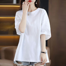 短袖T恤冰丝棉白色女2024夏季新款韩版中长款遮屁股宽松体恤