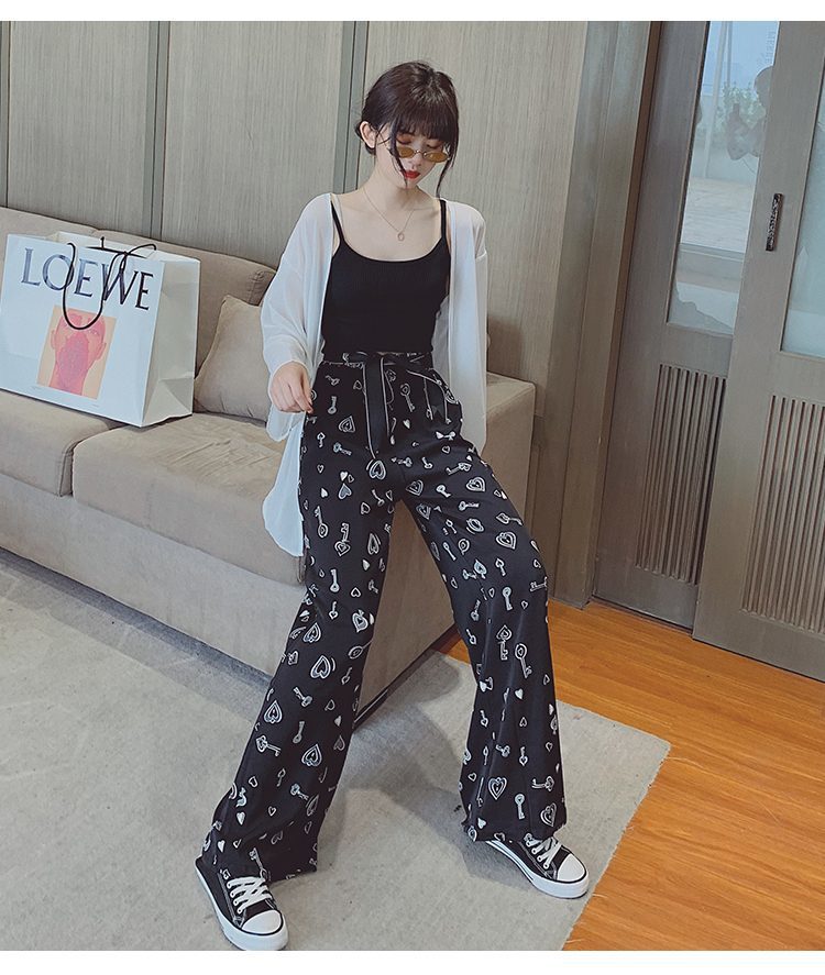 网红裤子女2021印花坠感雪纺阔腿裤女夏季薄款高腰休闲裤显瘦直筒