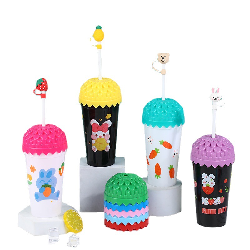 Cross-Border Hot Selling Cute Mickey Straw Water Cup Cartoon Good-looking Plastic Water Cup Household Children Plastic Cup in Stock