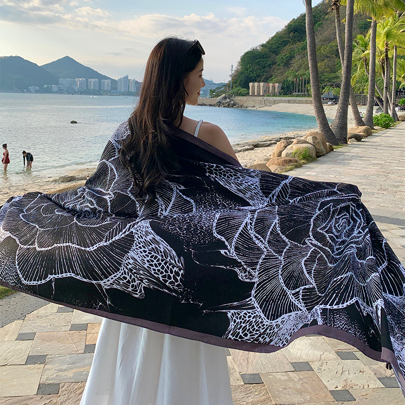 Korean Style Black Rose Spring Summer Thin Imitation Cotton and Linen Feel Silk Scarf Women's Outer Shawl Travel Sun Protection Windproof