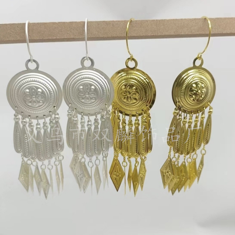 新款凉山彝族金色耳环女苗族仿银服装配饰流苏长款耳坠民族风耳饰