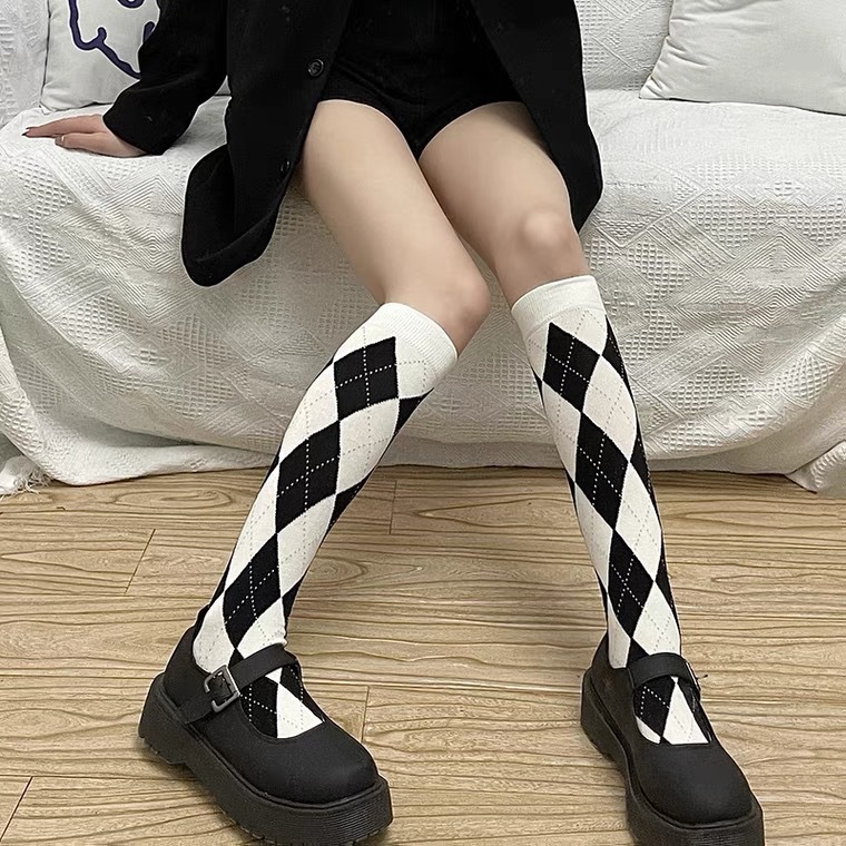 Women's Summer Retro Trendy Socks Black and White Retro Diamond Trendy Socks Personality Japanese Style Color Matching Socks European and American Long Socks