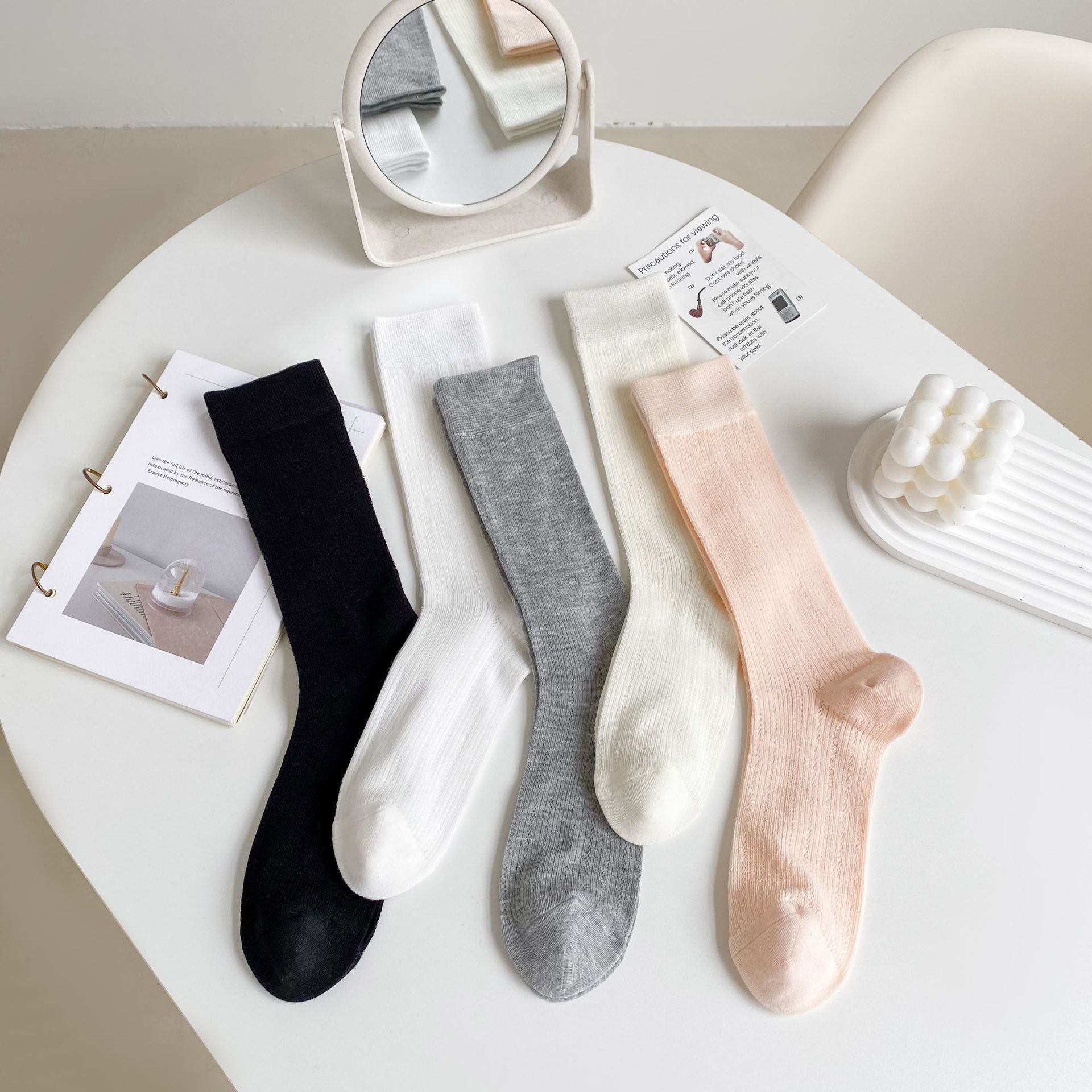 2024春夏季薄款袜子女中筒袜堆堆袜棉黑白色网眼夏天棉袜-阿里巴巴