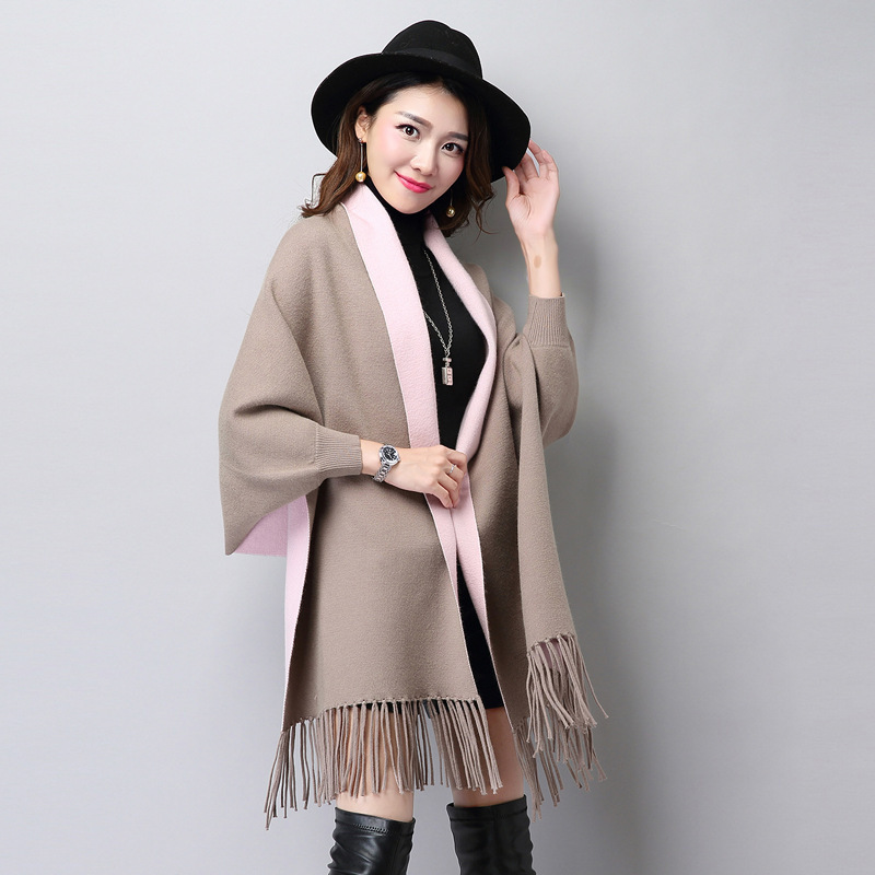 秋冬蝙蝠衫流苏斗篷披肩外套毛衣女新款女装双面拉绒大衣针织开衫