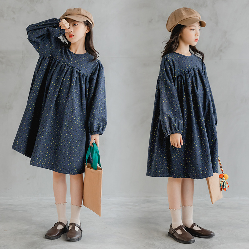 女童连衣裙2021秋冬韩版童装森系文艺复古加厚磨毛碎花公主裙长袖