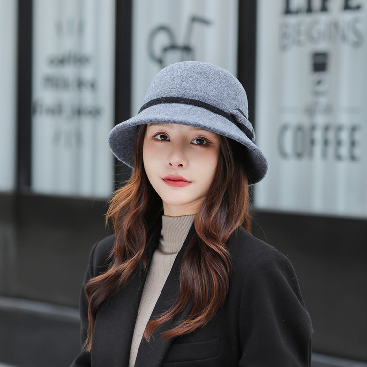 Solid Color Wool Bow Sun Hat Bucket Hat New Autumn and Winter Korean Style Face-Looking Small Plush Warm Women's Hat