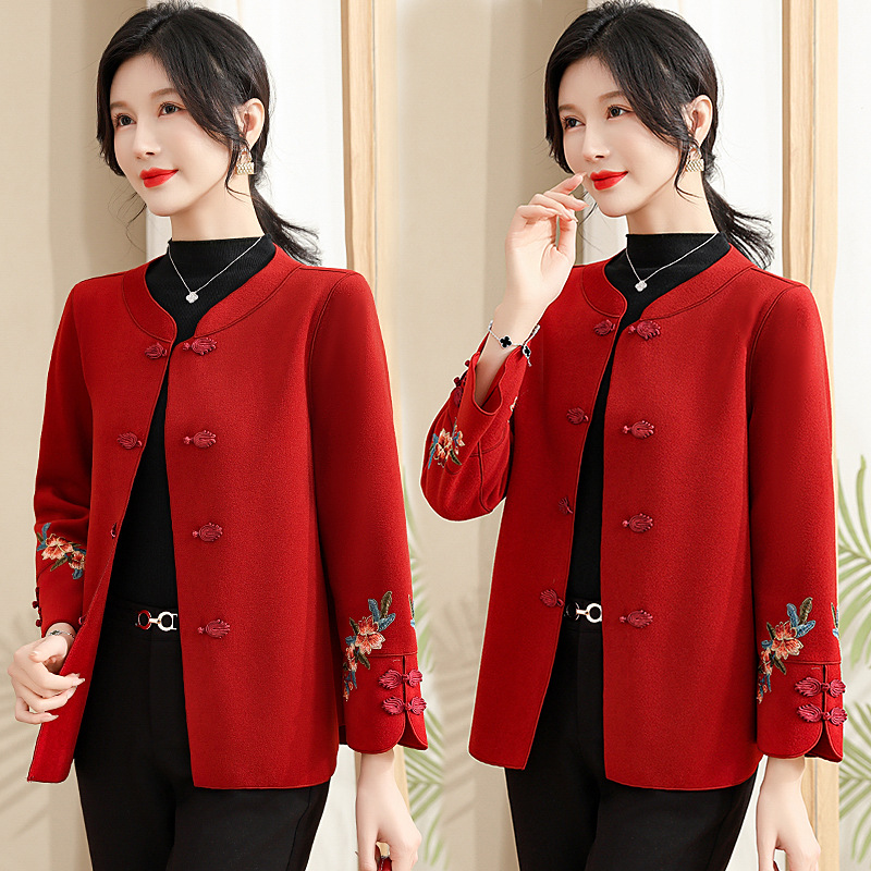 Red Festive Mother-in-Law Wear Middle-Aged and Elderly Wedding Party Mom Dress Spring and Autumn Double-Faced Woolen Goods Middle-Aged and Elderly Women Woolen Embroidery Top