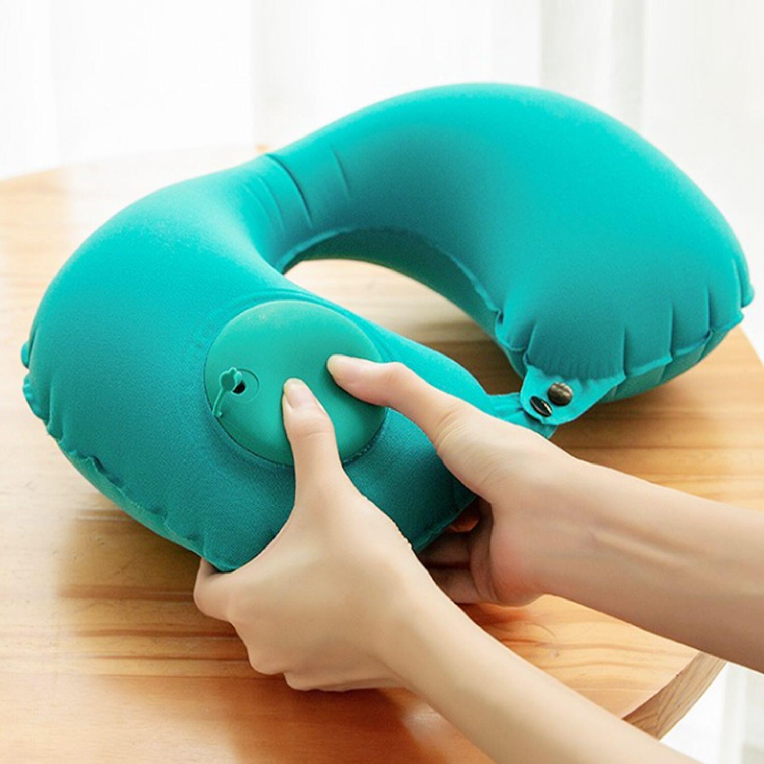 厂家现货按压充气u型枕便携飞机护颈枕吹气植绒旅行枕头环保批发