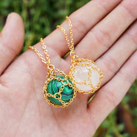 wish货源跨境网兜手工编织吊坠 天然石粉水晶网兜项链