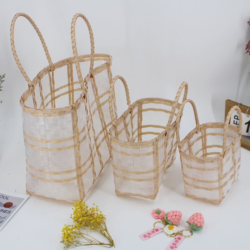Hand-Woven Bag Hand-Carrying Vegetable Basket Plastic Woven Bag Women's Bag Four Colors Optional Size Supply