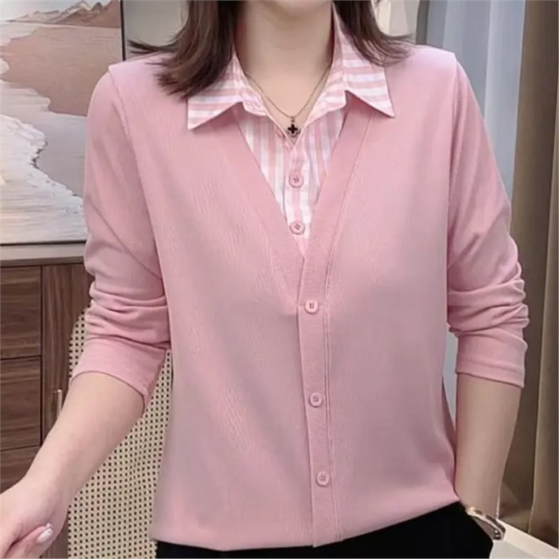 一件代发2025翻领减龄百搭春夏新款衬衫显瘦拼接格子领假温婉