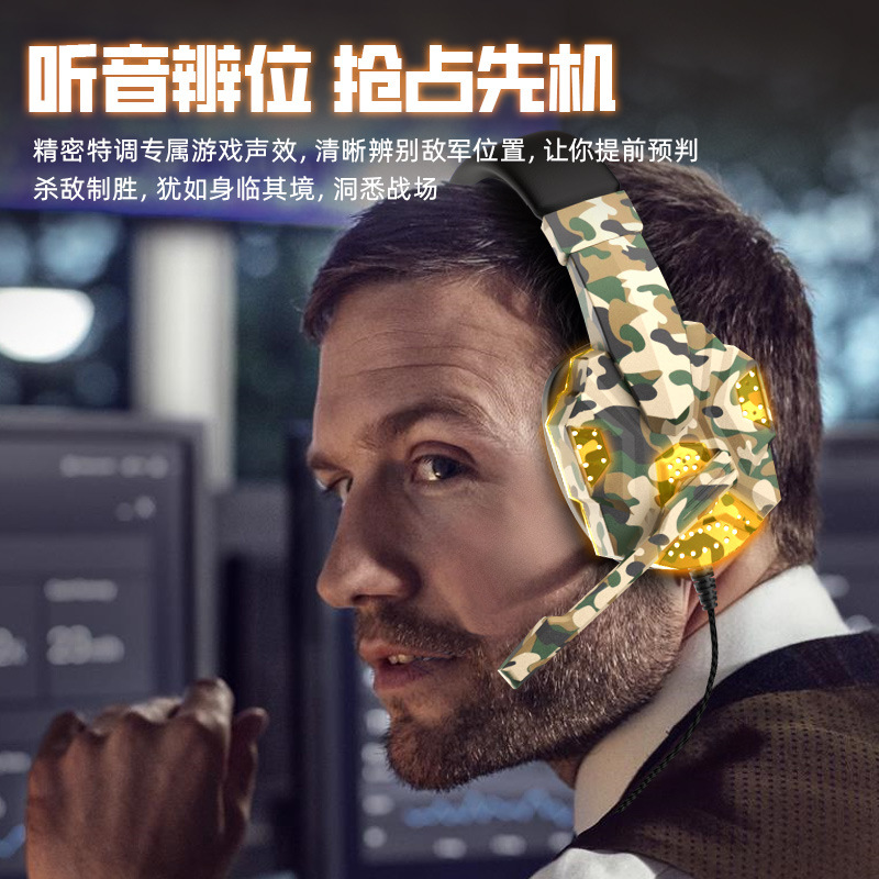 Cross-Border Private Model Camouflage Luminous Headphones Game Head-Mounted Computer Notebook Headset Wired E-Sports Pubg Headset