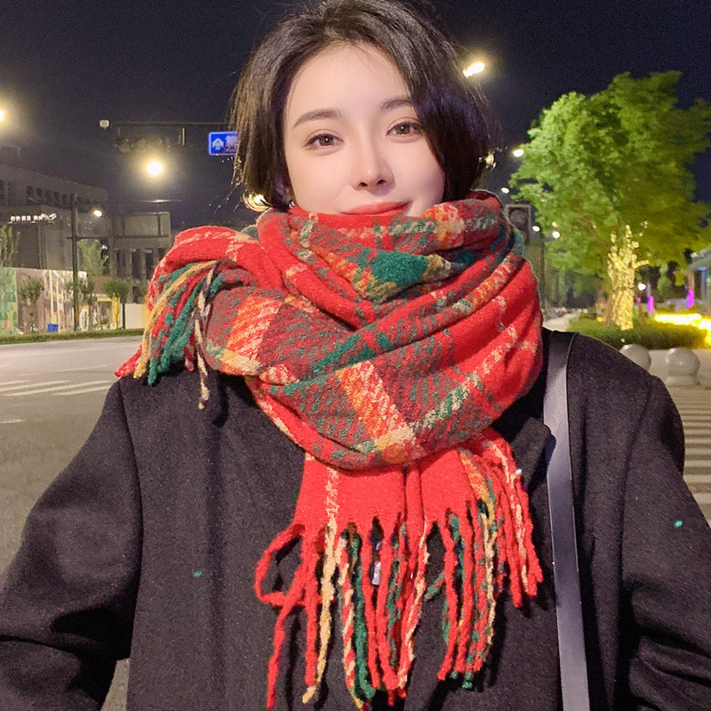 Winter Red Plaid Scarf for Women Korean Style New Year Warm Thickened Student Scarf Christmas Gift New Shawl