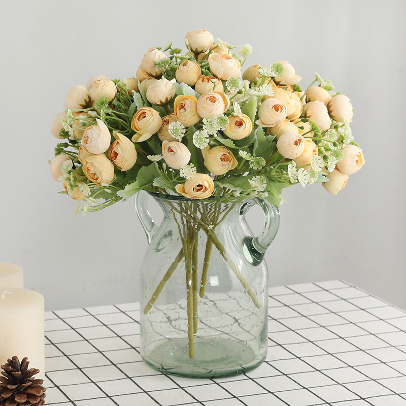 Artificial Artificial Flower 15-Head Korean Snowflake Small Tea Buds Wedding Celebration Photographic Studio Shooting Props Artificial White Rose Bouquet