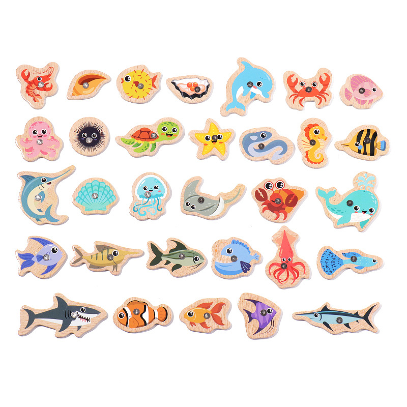 Wooden Barrel Marine Fishing Toys Children's Early Education Educational Cognitive Fun Magnetic Marine Fish Parent-Child Game