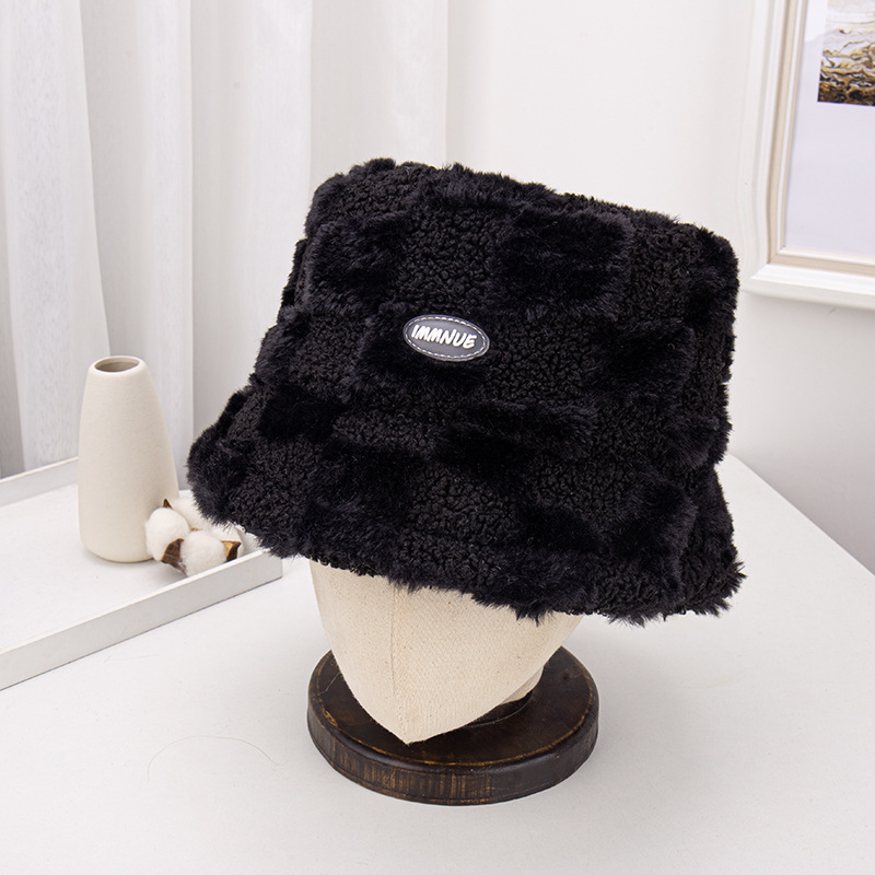 Winter New Plush Letter Basin Hat Outdoor Keep Warm Fleece Plaid Sunshade Lambswool Fisherman Hat Wholesale