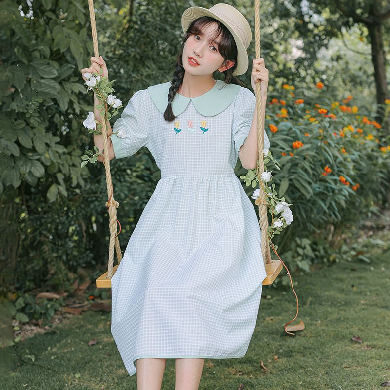 少女日系校园风连衣裙夏季薄款12到15岁初中学生韩版格子过膝长裙