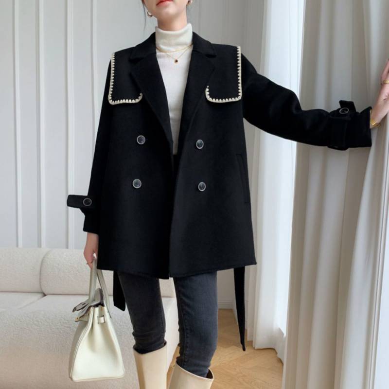 双面大衣女短款2022年新款冬小个子海军领黑色毛呢外套