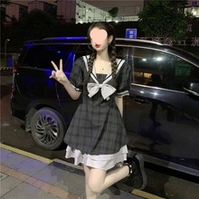 大码胖MM学院风减龄蝴蝶结连衣裙女夏季收腰遮肚显瘦裙子a字短碟