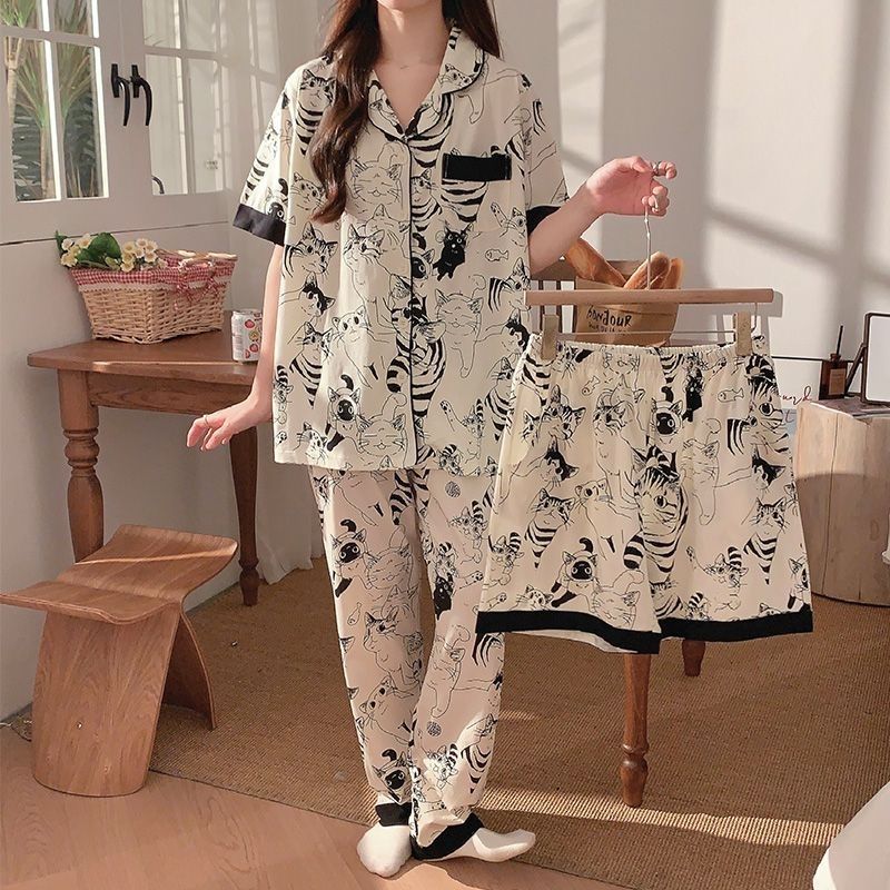 Hong Kong Style Retro Cartoon Painting Cute Cat Pajamas Women's Lapel Spring and Summer Girlish Style Loose Short Sleeve Three-Piece Home Wear