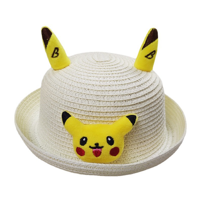 Cross-Border Children's Pikachu Woven Straw Hat Boys and Girls Cute Cartoon Elf Bucket Hat Kids Sun-Shade Fisherman Hat