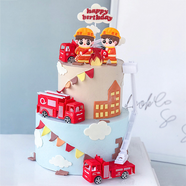 烘焙蛋糕装饰救护车消防车3只装扮插件救护消防车男孩生日摆件