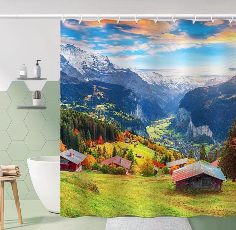 [muqing] cross-border hot sale waterproof shower curtain landscape printing bathroom partition curtain wet and dry separation mildew-proof curtain