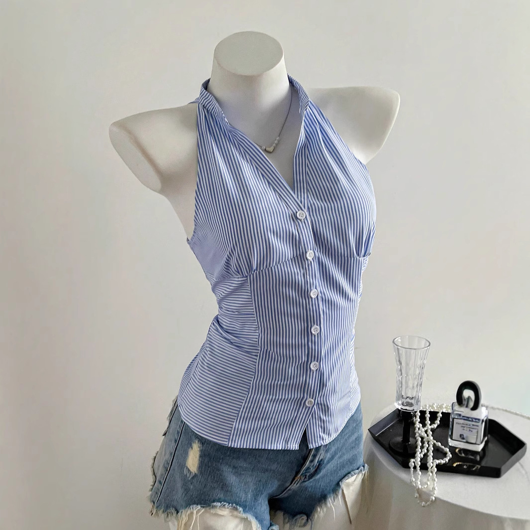法式掐腰削肩条纹无袖衬衫女夏季修身设计感小众短款挂脖雪纺上衣