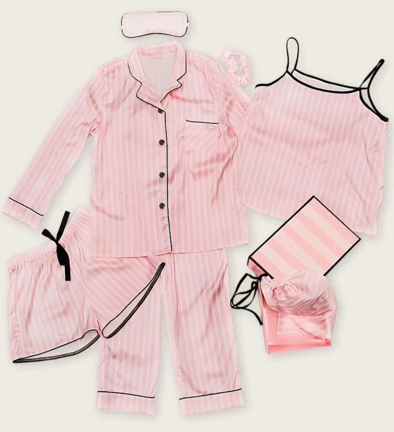 Girl Child Pajamas Children's Spring and Autumn Seven Piece Set Striped Ice Silk Home Wear Loose Russian Thin Pajamas