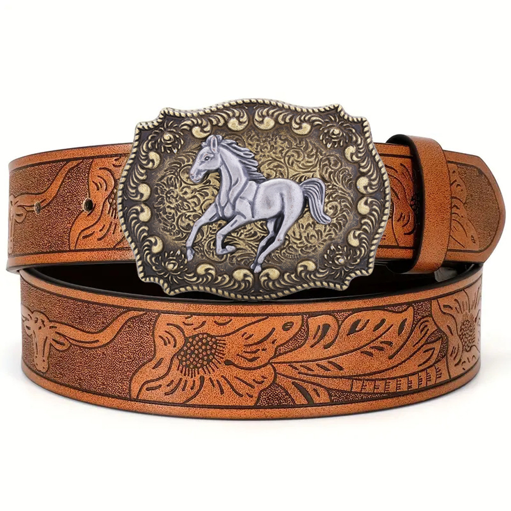 唐草花纹跑马马头动物压花长角小牛头pu皮革皮带美国西部牛仔腰带